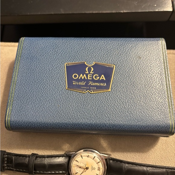 Rare VintageOmega Men's Silver and Black Leather Watch